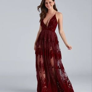 Burgundy Morgan Formal Flocked Velvet Dress